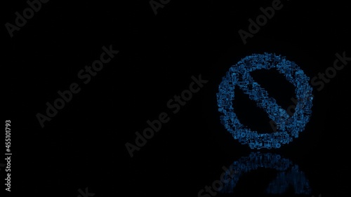 3d rendering mechanical parts in shape of symbol of ban isolated on black background with floor reflection