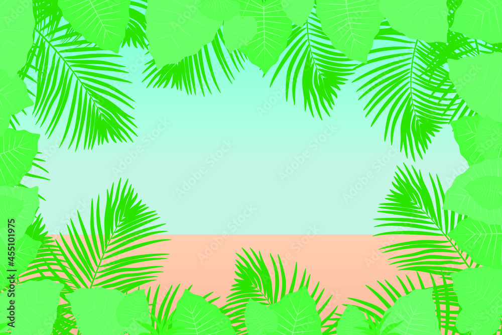 Tropical background with palm tree leaves and jungle plants. Jungle forest. Leaves of the tropical trees and plants as frame