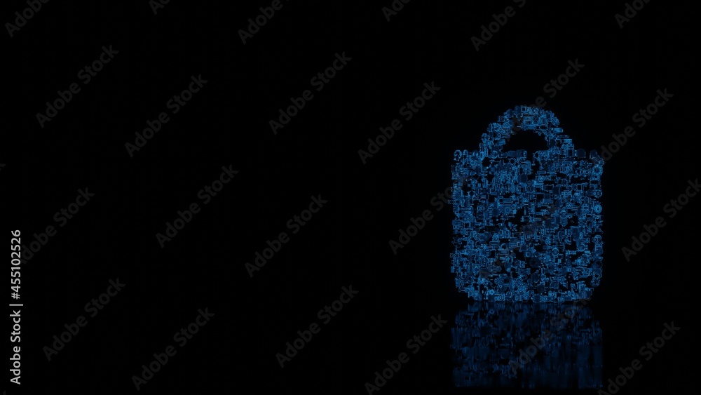 3d rendering mechanical parts in shape of symbol of bag isolated on black background with floor reflection 3d rendering mechanical parts in shape of symbol of bag isolated on black background with floor reflection