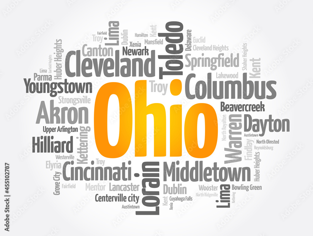 List of cities in Ohio USA state, word cloud concept background - obrazy, fototapety, plakaty 