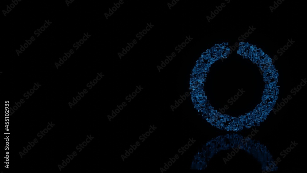3d rendering mechanical parts in shape of symbol of circle notch isolated on black background with floor reflection 3d rendering mechanical parts in shape of symbol of circle notch isolated on black background with floor reflection