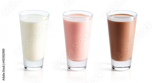 Milk, chocolate milk and strawberry milk isolated on white background