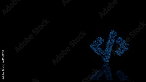 3d rendering mechanical parts in shape of symbol of code tag isolated on black background with floor reflection