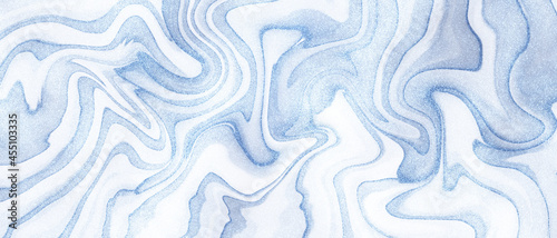 アルコールインクアートの抽象背景）水色のラメのマーブル模様 曲線 キラキラ おしゃれ 抽象的 バナー