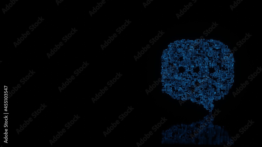 3d rendering mechanical parts in shape of symbol of rounded chat bubble isolated on black background with floor reflection 3d rendering mechanical parts in shape of symbol of rounded chat bubble isolated on black background with floor reflection