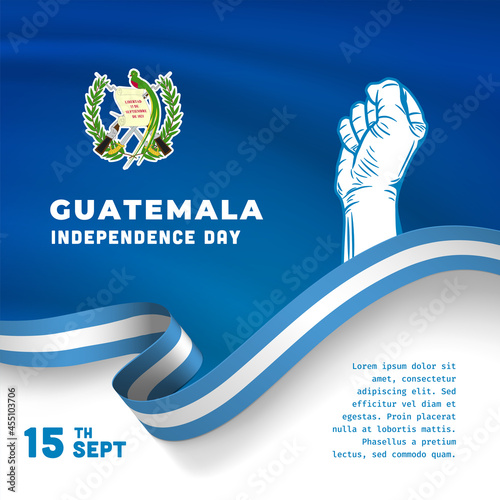 Square Banner illustration of Guatemala independence day celebration. Waving flag and hands clenched. Vector illustration.