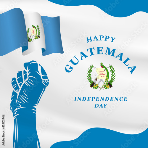 Square Banner illustration of Guatemala independence day celebration. Waving flag and hands clenched. Vector illustration.