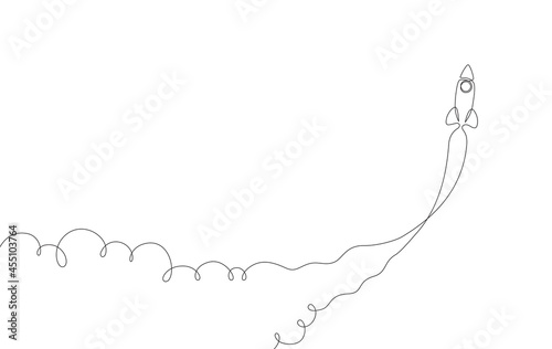 Continuous line drawing rocket launch, a minimal single line business startup concept, rocket flying up with trail left behind, a metaphor of quick development or cryptocurrency or stock market grows