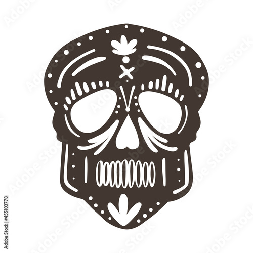 Funny skull in simple hand drawn cartoon doodle style. Brown skull with painted elements. Funny illustration for the holiday halloween, day of the dead
