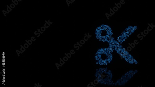 3d rendering mechanical parts in shape of symbol of cut isolated on black background with floor reflection
