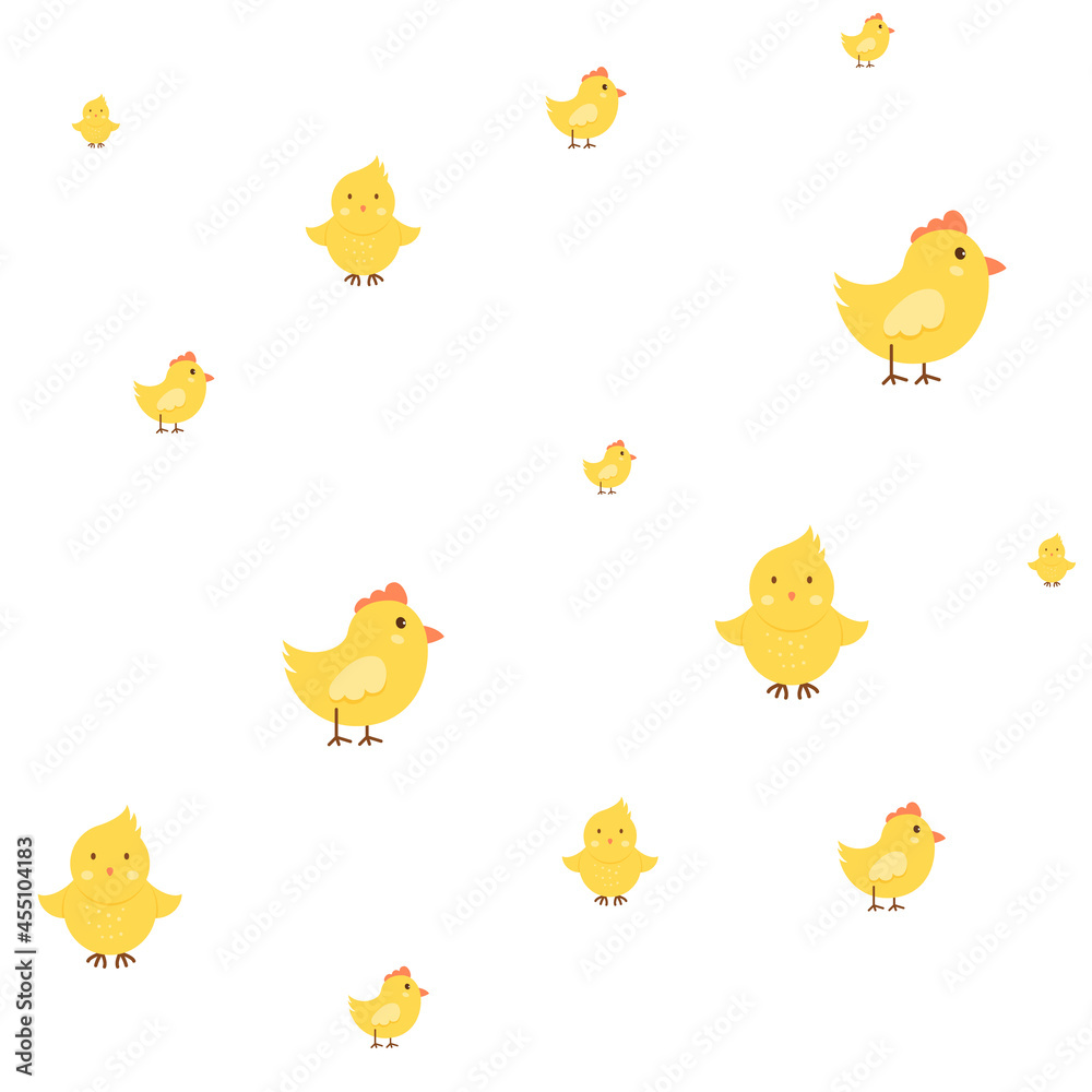 Seamless patern with funny chicken. Cheerful, creative chicken character. Patern for design. Vector illustration.