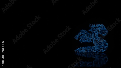3d rendering mechanical parts in shape of symbol of dragon isolated on black background with floor reflection