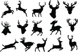 Black silhouettes of different deer and horns, vector wild deer family and baby fawn black and white vector silhouette set 03