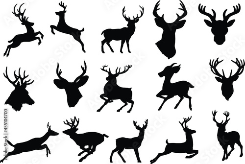 Black silhouettes of different deer and horns, vector wild deer family and baby fawn black and white vector silhouette set 03