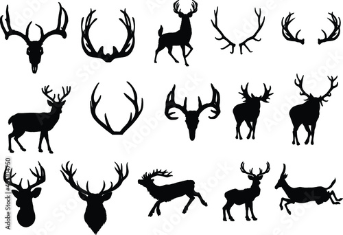 Black silhouettes of different deer and horns, vector wild deer family and baby fawn black and white vector silhouette set 02