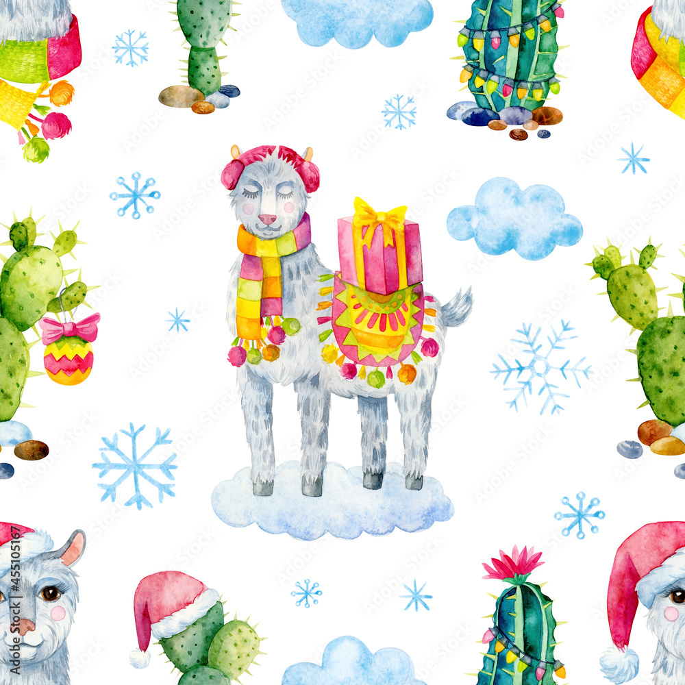 Fototapeta premium Llamas, cacti and snowflakes