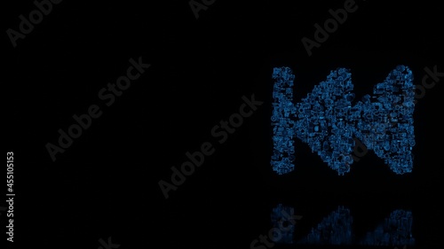 3d rendering mechanical parts in shape of symbol of fast backward isolated on black background with floor reflection