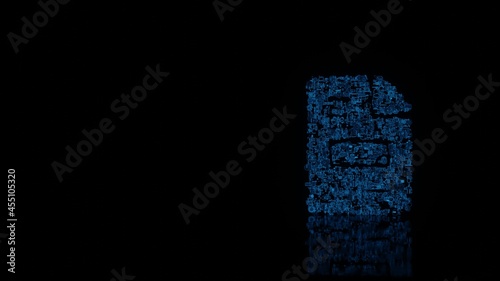 3d rendering mechanical parts in shape of symbol of file invoice isolated on black background with floor reflection