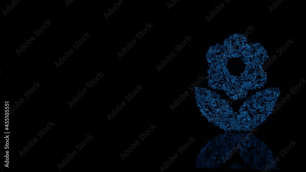 3d rendering mechanical parts in shape of symbol of flower isolated on black background with floor reflection 3d rendering mechanical parts in shape of symbol of flower isolated on black background with floor reflection