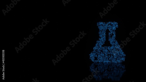 3d rendering mechanical parts in shape of symbol of flask isolated on black background with floor reflection