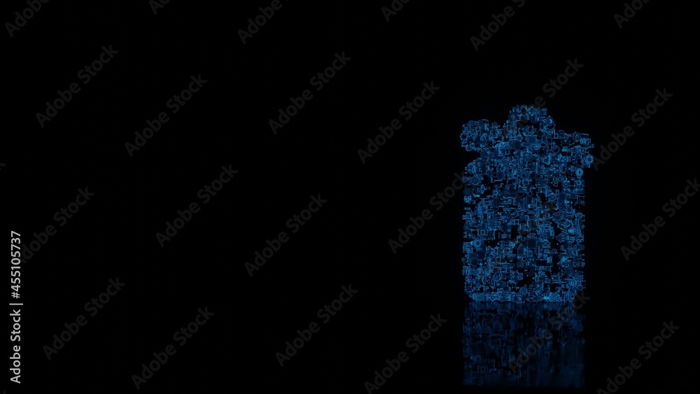 3d rendering mechanical parts in shape of symbol of garbage isolated on black background with floor reflection 3d rendering mechanical parts in shape of symbol of garbage isolated on black background with floor reflection