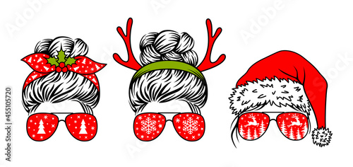 Christmas messy bun designs. Mom life vector print. Female faces in aviator sunglasses, bandana, santa hat and reindeer antlers on the head. Funny christmas print.