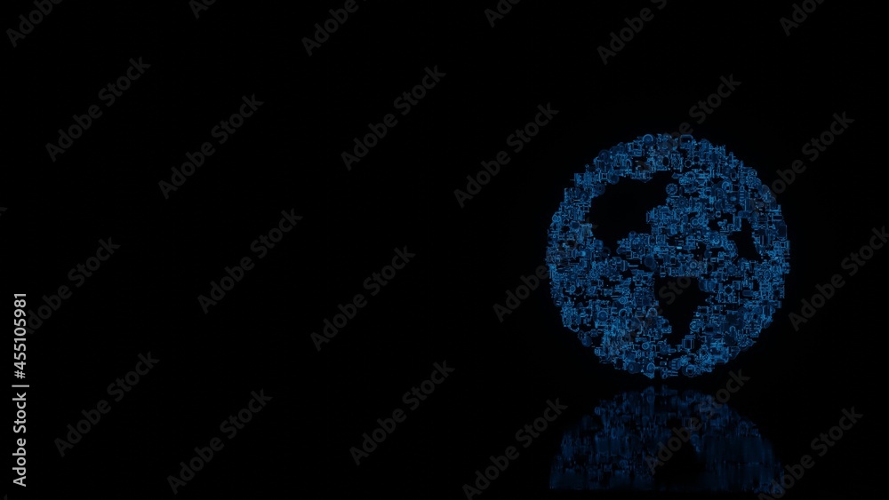 3d rendering mechanical parts in shape of symbol of globe Americas isolated on black background with floor reflection