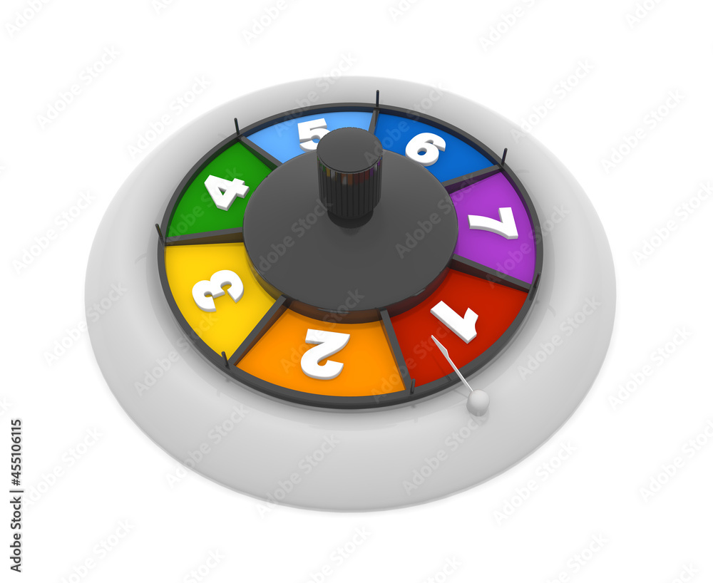 Colorful roulette. Roulette used in board games. Numbers from 1 to 7