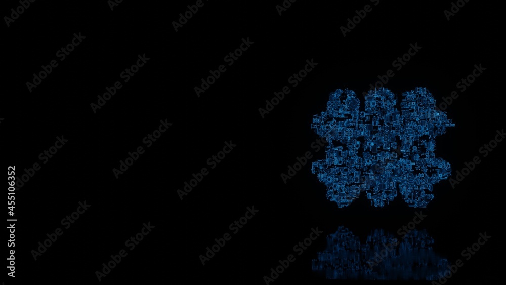 3d rendering mechanical parts in shape of symbol of heating isolated on black background with floor reflection