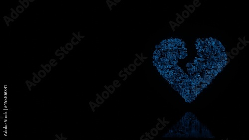 3d rendering mechanical parts in shape of symbol of heart broken isolated on black background with floor reflection