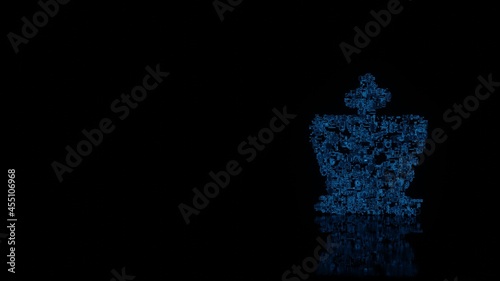 3d rendering mechanical parts in shape of symbol of chess king isolated on black background with floor reflection