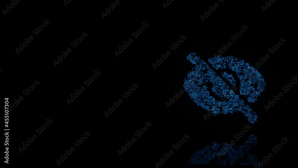 Obraz premium 3d rendering mechanical parts in shape of symbol of interface isolated on black background with floor reflection