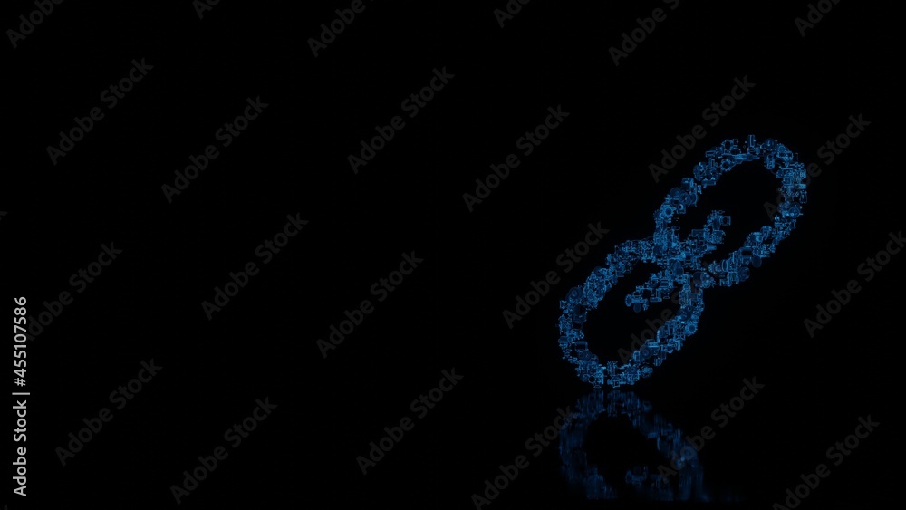 Fototapeta premium 3d rendering mechanical parts in shape of symbol of link isolated on black background with floor reflection