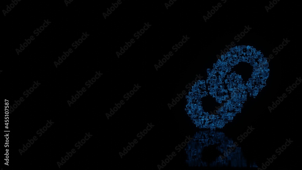 3d rendering mechanical parts in shape of symbol of link isolated on black background with floor reflection