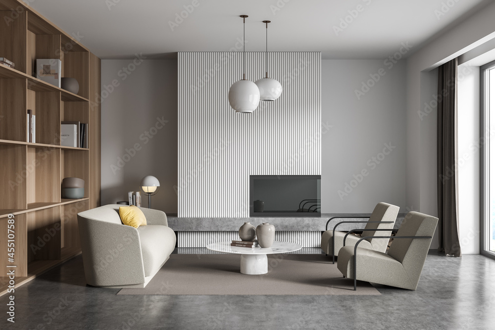 White and grey living room with beige sofa and armchairs White and grey living room with beige sofa and armchairs