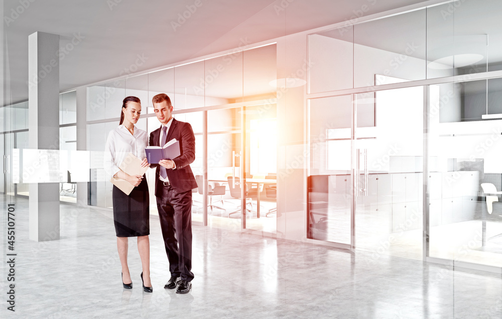 Fototapeta premium Businessman wearing formal suit and businesswoman in white shirt