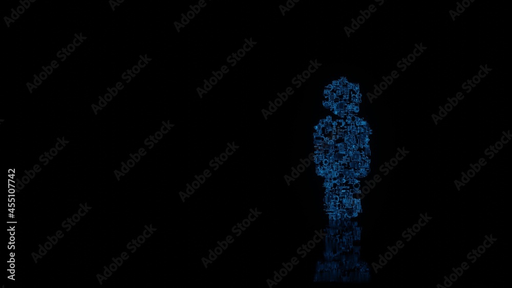 3d rendering mechanical parts in shape of symbol of male isolated on black background with floor reflection 3d rendering mechanical parts in shape of symbol of male isolated on black background with floor reflection