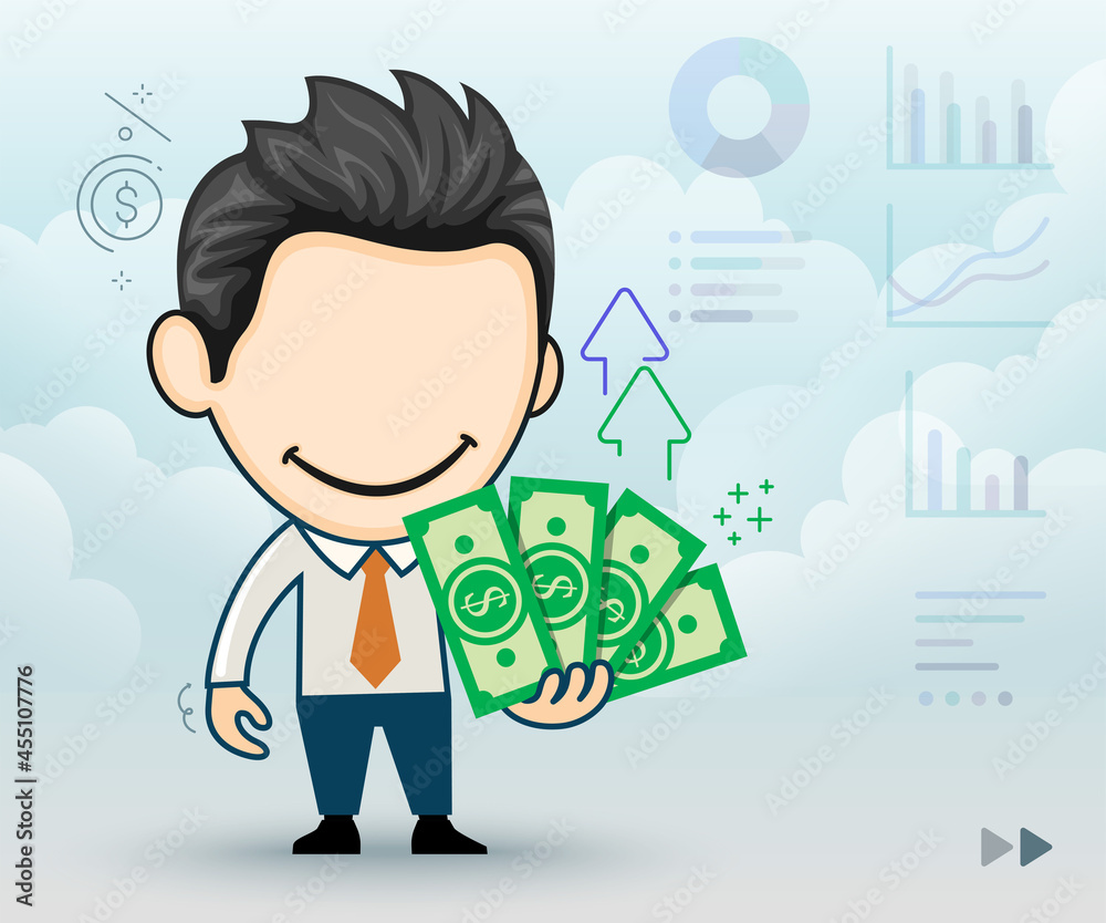 Happy businessman with banknotes of money in his hand. The concept of wealth in cartoon style