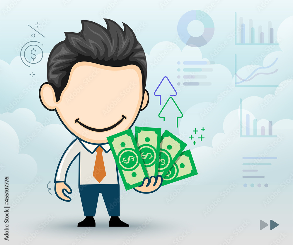 Happy businessman with banknotes of money in his hand. The concept of wealth in cartoon style Happy businessman with banknotes of money in his hand. The concept of wealth in cartoon style