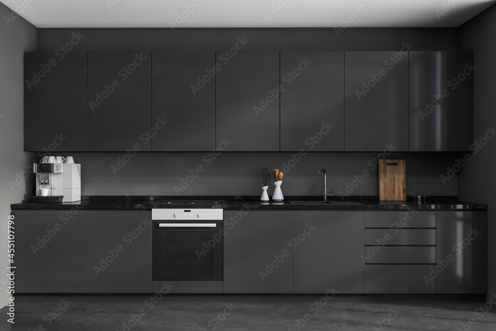Modern grey kitchen cabinet. Frontal view. - obrazy, fototapety, plakaty 