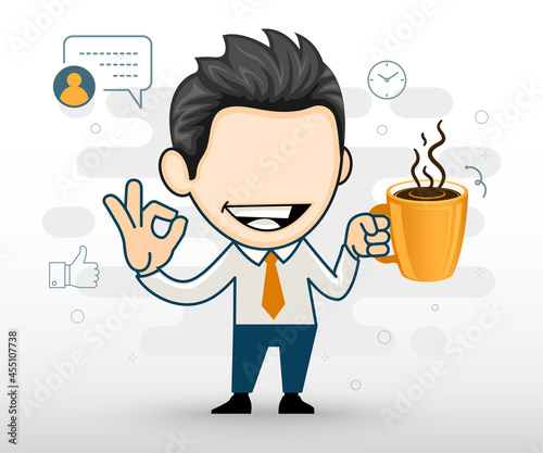 Young business man holding coffee and showing ok gesture. Vector illustration in cartoon style