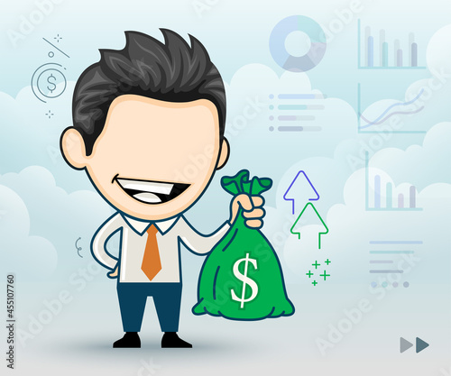 Happy businessman holding money bag in his hand. Joyful man and money bag with dollar sign in cartoon style conceptualize wealth