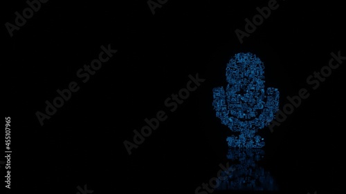 3d rendering mechanical parts in shape of symbol of microphone isolated on black background with floor reflection