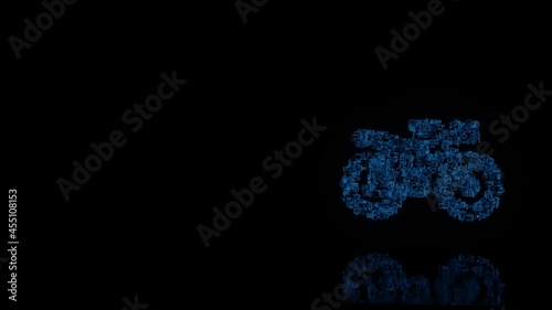 3d rendering mechanical parts in shape of symbol of motorcycle isolated on black background with floor reflection