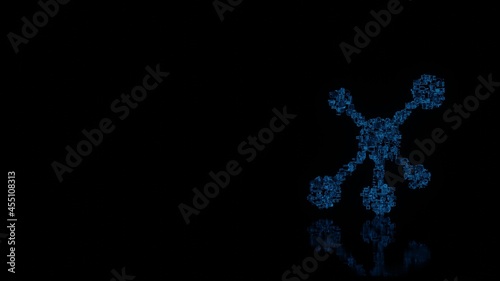 3d rendering mechanical parts in shape of symbol of network isolated on black background with floor reflection
