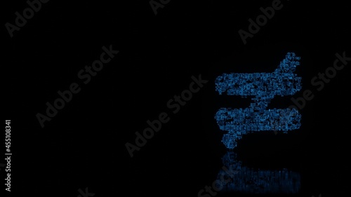 3d rendering mechanical parts in shape of symbol of not equal isolated on black background with floor reflection