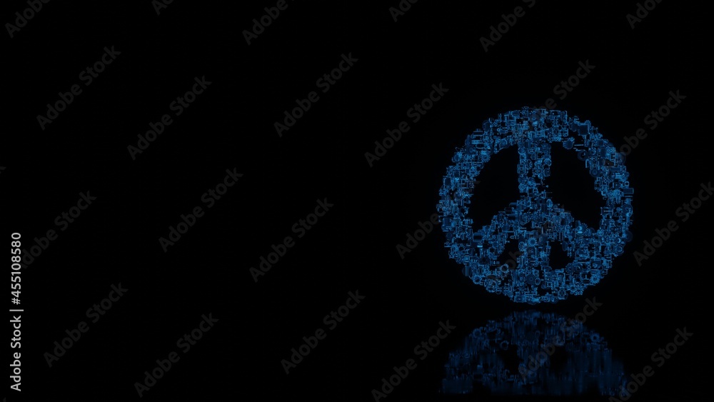 3d rendering mechanical parts in shape of symbol of peace isolated on black background with floor reflection 3d rendering mechanical parts in shape of symbol of peace isolated on black background with floor reflection