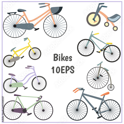 Set of eight vector flat bikes-road bike,city bike,kids three wheel,penny-farthing,BMX in pastel colors isolated on white background.Sport activity symbols.For stickers,prints,illustration,design
