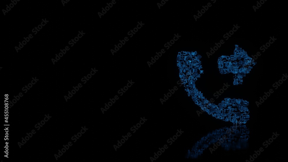 3d rendering mechanical parts in shape of symbol of phone isolated on black background with floor reflection 3d rendering mechanical parts in shape of symbol of phone isolated on black background with floor reflection