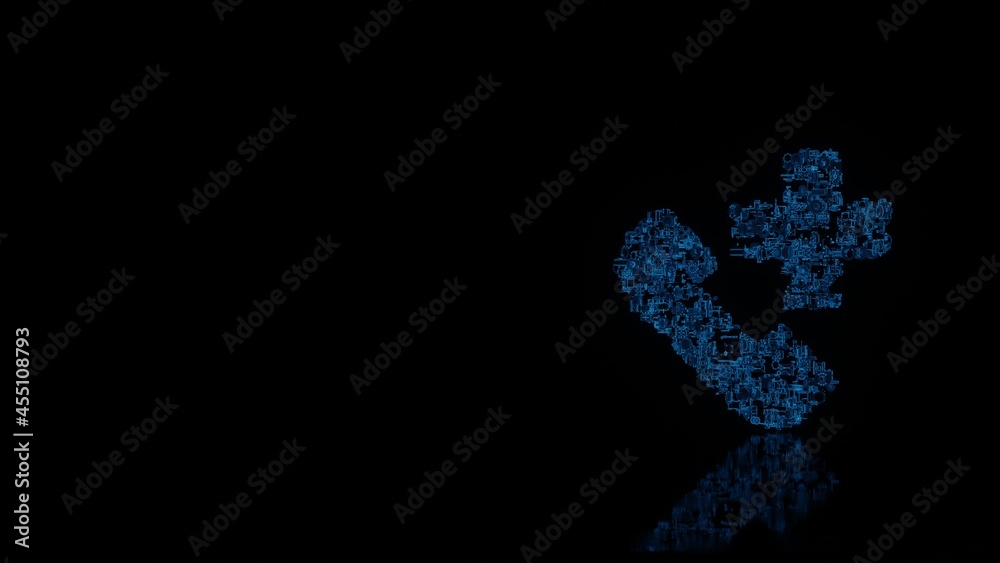 3d rendering mechanical parts in shape of symbol of phone call isolated on black background with floor reflection 3d rendering mechanical parts in shape of symbol of phone call isolated on black background with floor reflection